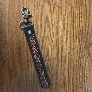 Myra Bag Black and Brown Leather Tooled Key Wristlet